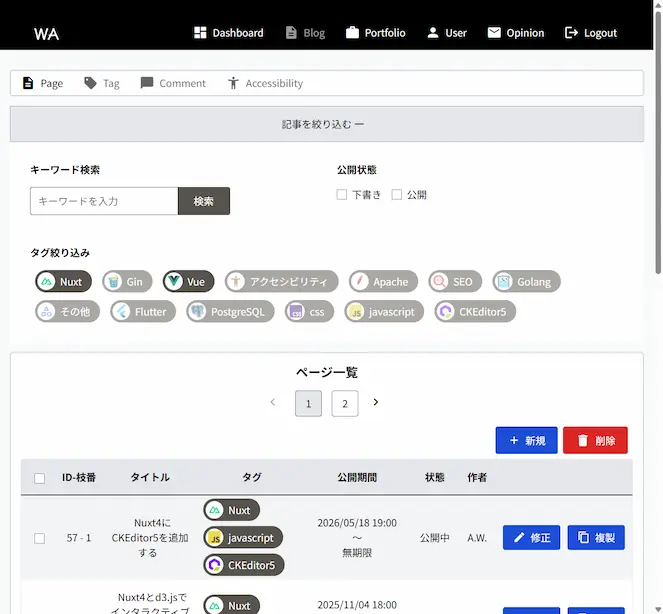 記事管理画面のスクリーンショット。