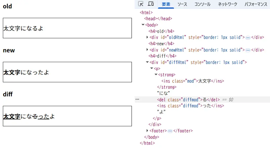 htmldiff-jsのサンプルコード実行画面