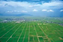 広大な田園風景と町並みを空から見た景色。