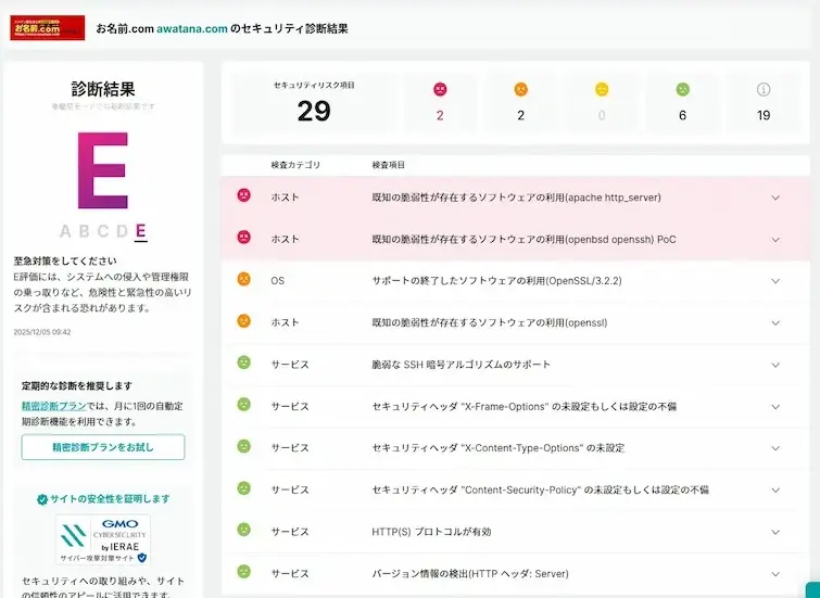 お名前.com診断結果のスクリーンショット